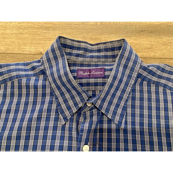 Ralph Lauren Purple Label Mens XL 17 Blue Plaid Long Sleeve Button Up Italy Made - Picture 3 of 9